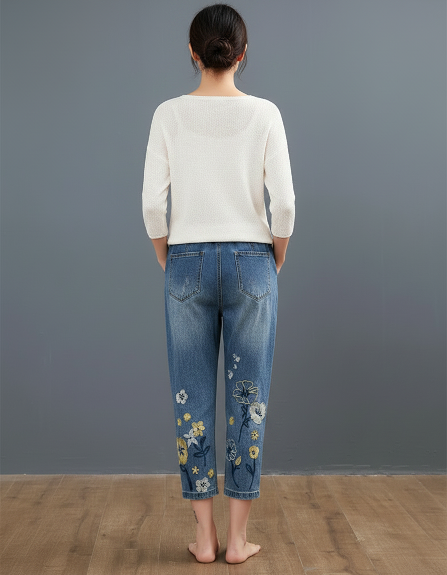 Pantalon Chinois Jean Brodé Floral Ample Femme - Bleu - vue 2