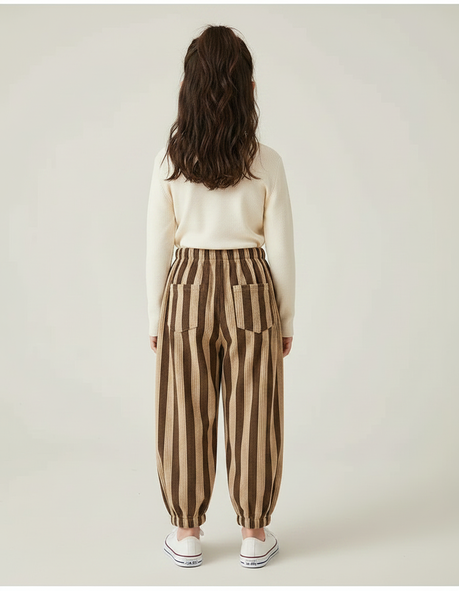 Pantalon Chinois Rayé Marron Ample Cordon Enfants - Cordé - vue 2