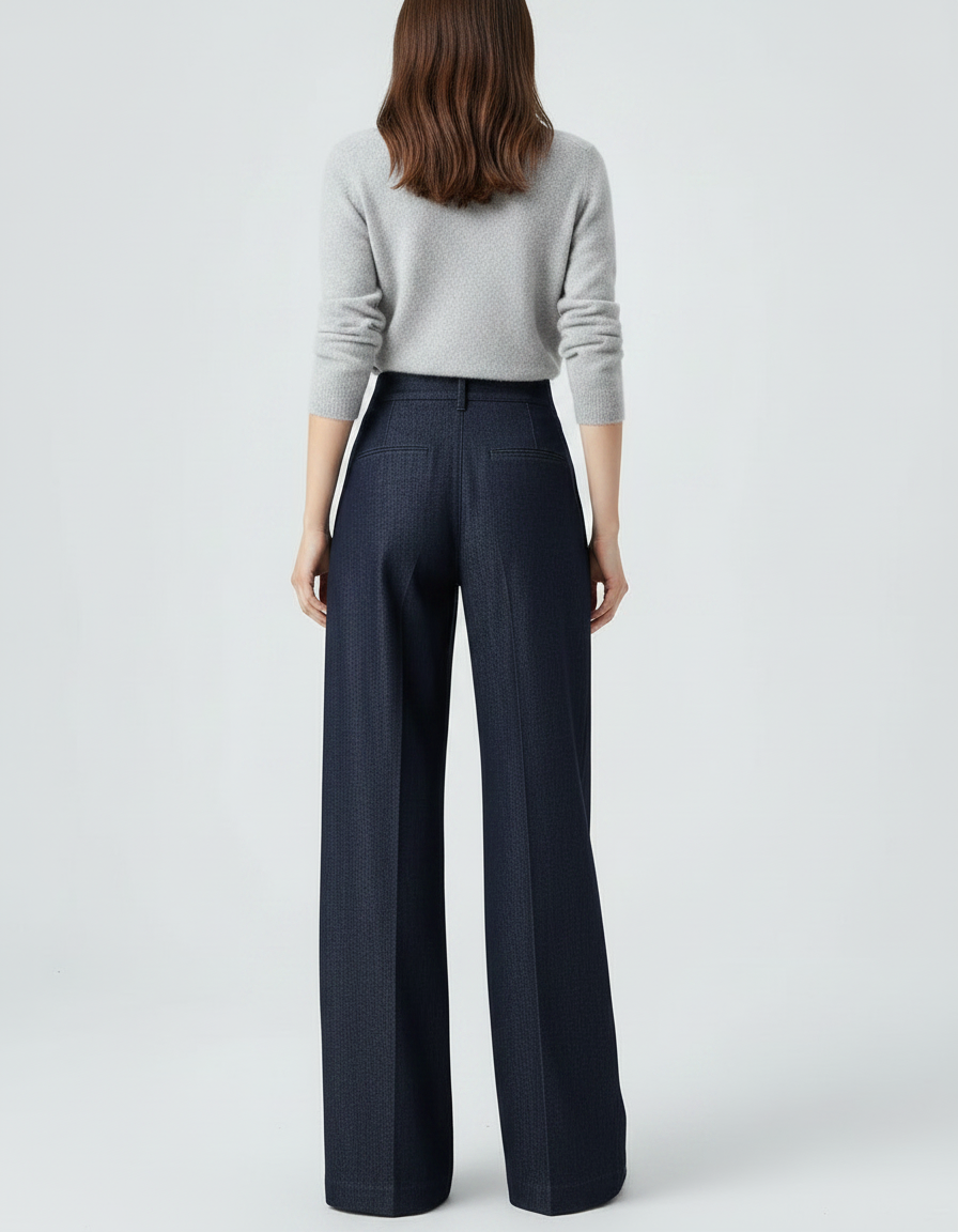 Pantalon Chinois Denim Large Plissé Élégant Femme - Marine Jean - vue 2