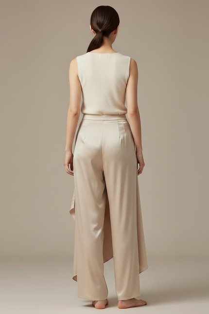 Pantalon Chinois Satiné Fluide Ample Élégant Beige - vue 2
