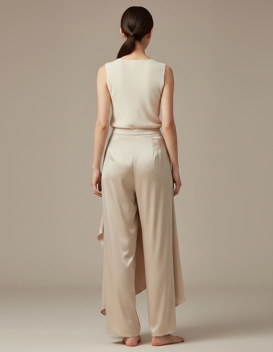 Pantalon Chinois Satiné Fluide Ample Élégant Beige - vue 2