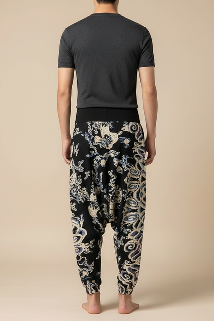 Pantalon Chinois Harem Imprimé Ethnique Fluide Noir Homme - Viscose - vue 2