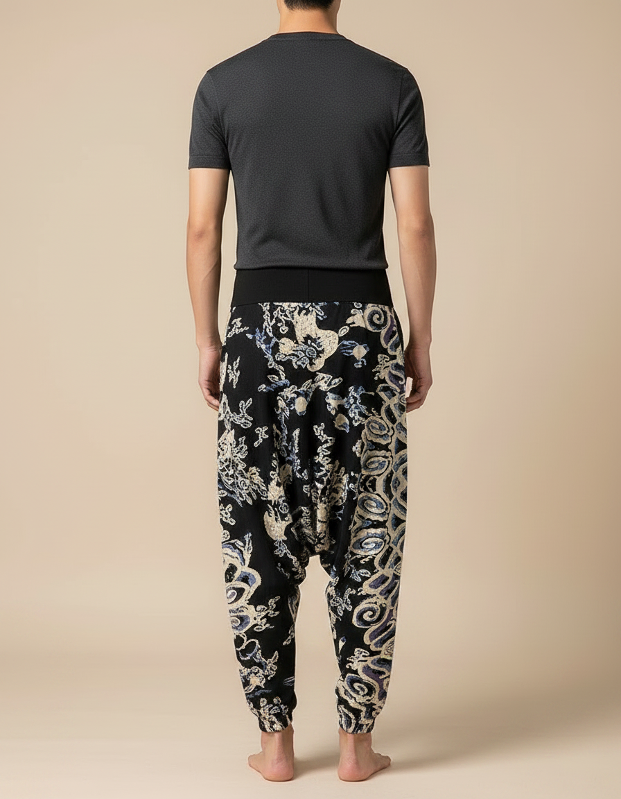 Pantalon Chinois Harem Imprimé Ethnique Fluide Noir Homme - Viscose - vue 2