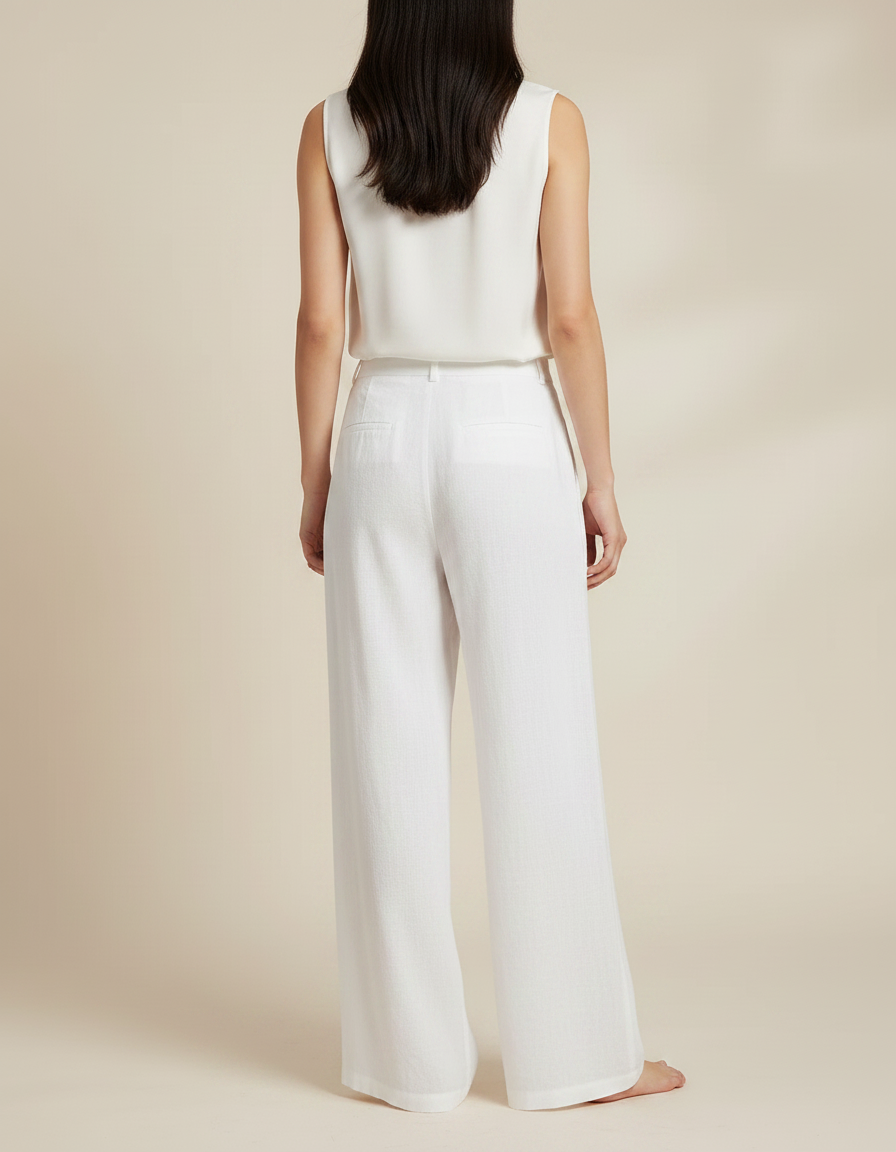 Pantalon Chinois Blanc Ample Lin Fluide Femme - vue 2