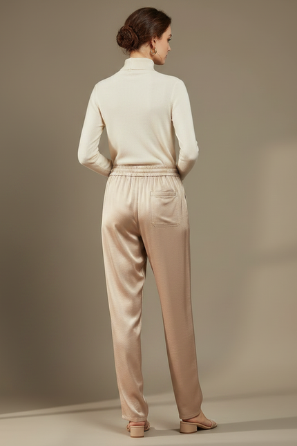 Pantalon Chinois Satin Beige Fluide Ample Élégant Femme - vue 2