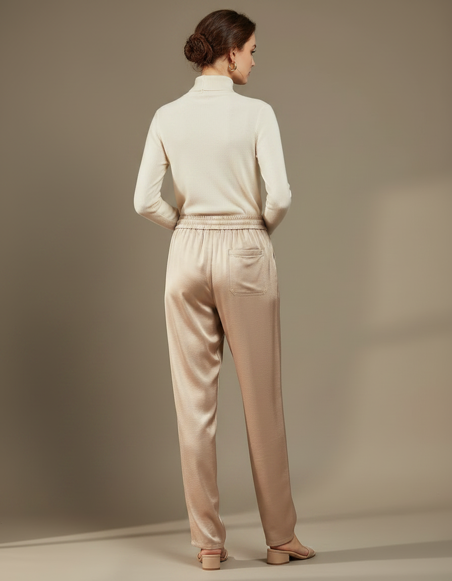 Pantalon Chinois Satin Beige Fluide Ample Élégant Femme - vue 2