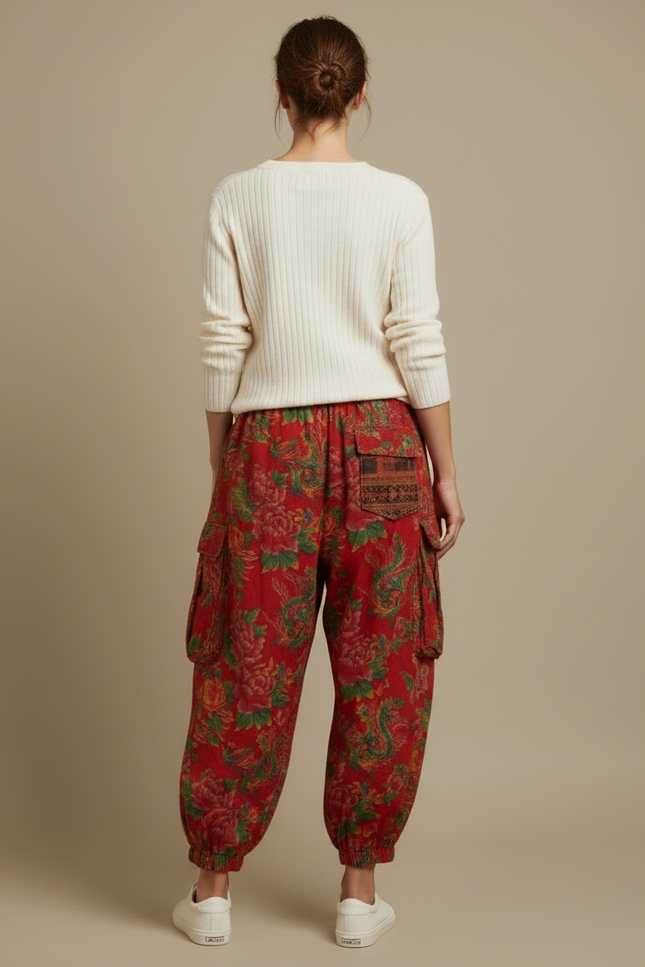 Pantalon Chinois Rouge Fleuri Ample Patchwork Coton - vue 2