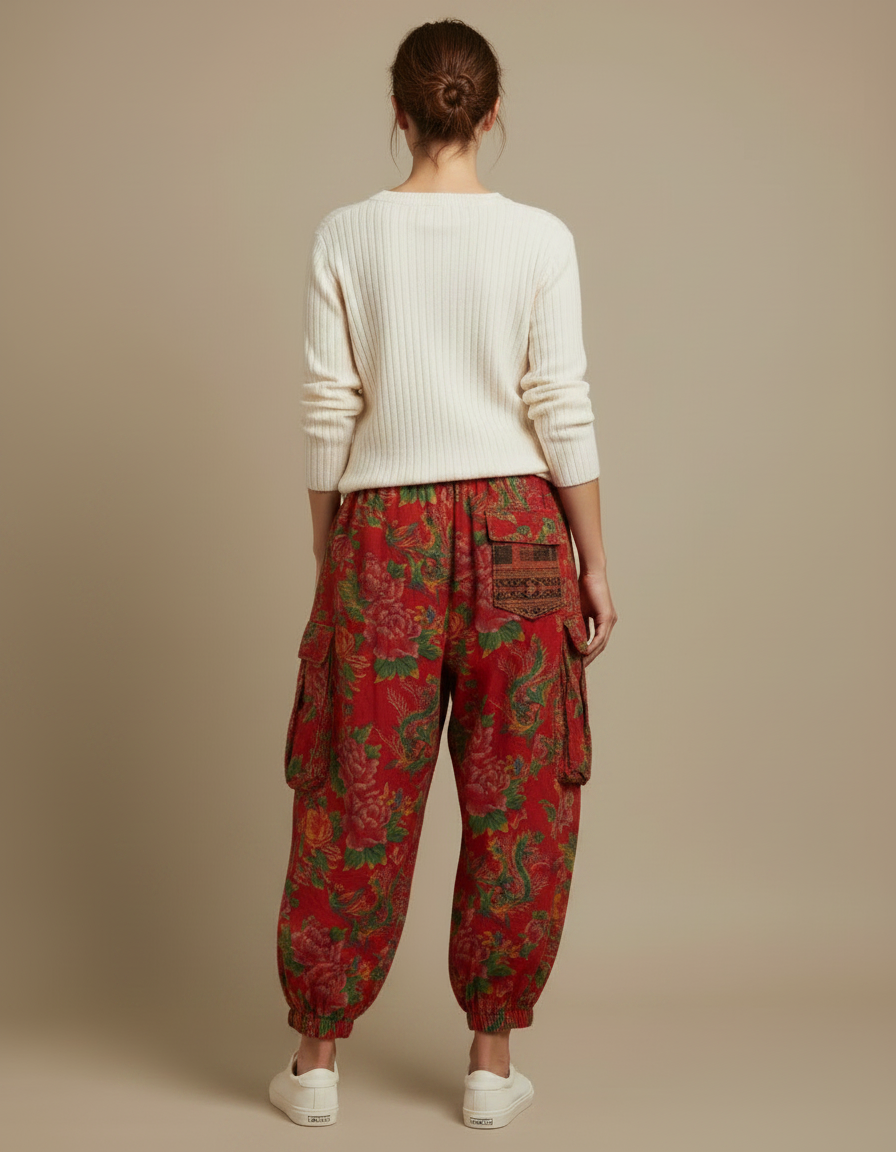 Pantalon Chinois Rouge Fleuri Ample Patchwork Coton - vue 2