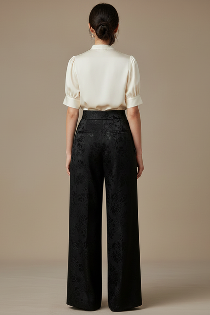 Pantalon Chinois Jacquard Noir Ample Élégant Femme - Satin - vue 2