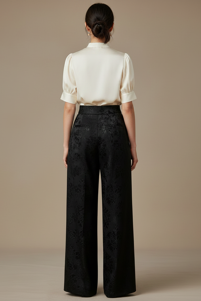 Pantalon Chinois Jacquard Noir Ample Élégant Femme - Satin - vue 2
