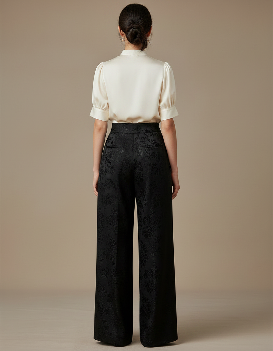 Pantalon Chinois Jacquard Noir Ample Élégant Femme - Satin - vue 2
