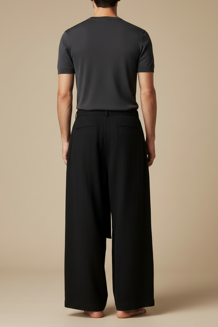 Pantalon Chinois Noir Ample Coton Ceinture Décontracté - vue 2