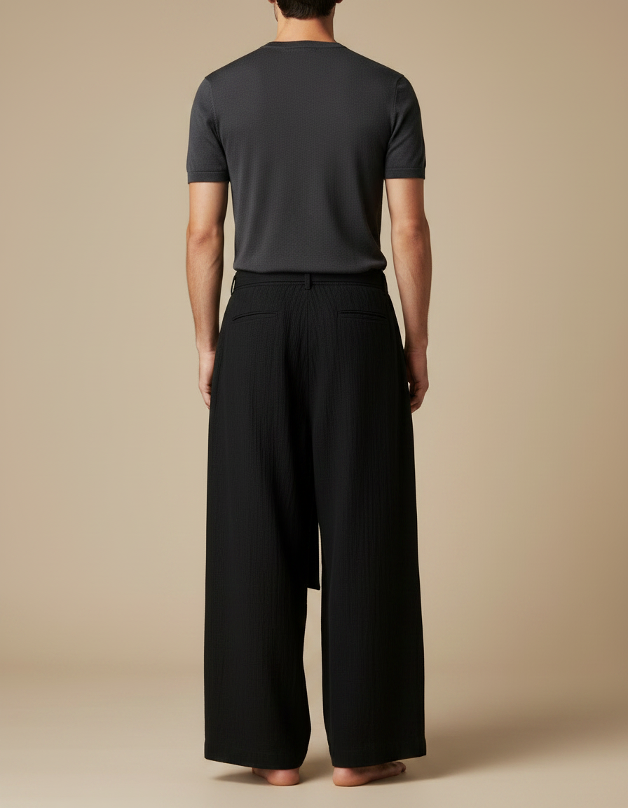 Pantalon Chinois Noir Ample Coton Ceinture Décontracté - vue 2