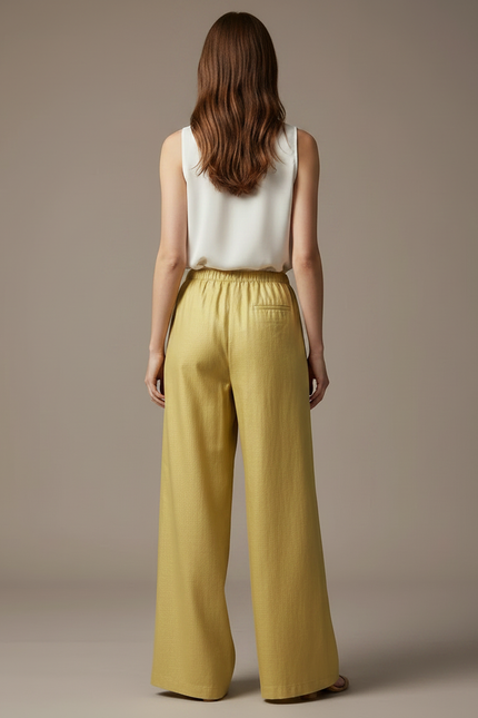 Pantalon Chinois Jaune Ample Fluide Décontracté Femme - Lin - vue 2