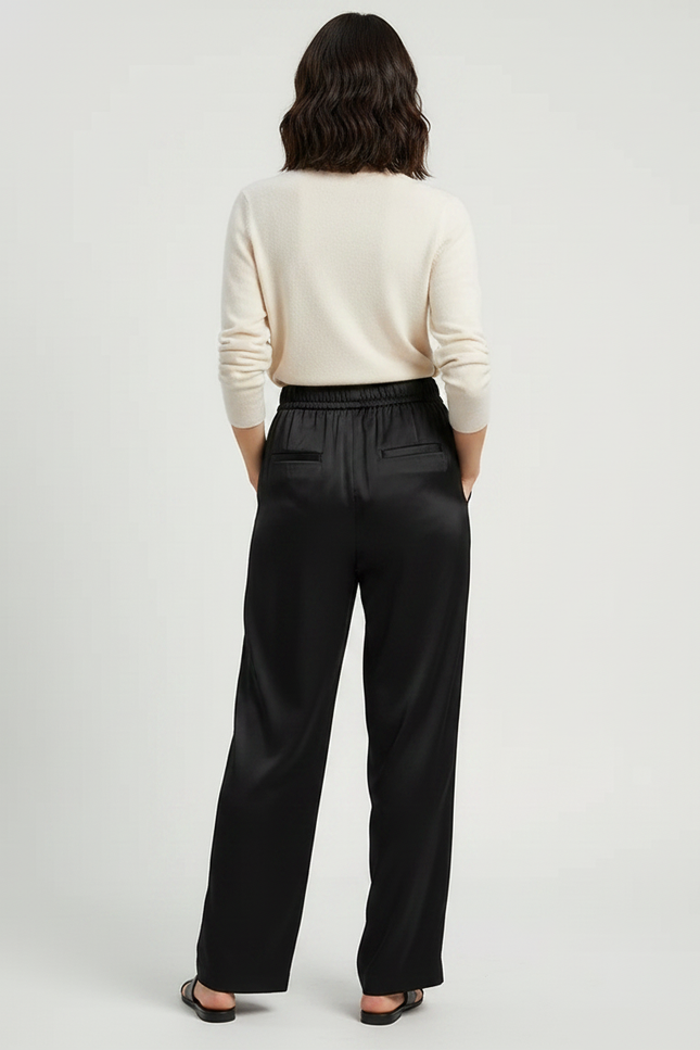 Pantalon Chinois Noir Satin Fluide Ample Femme - vue 2