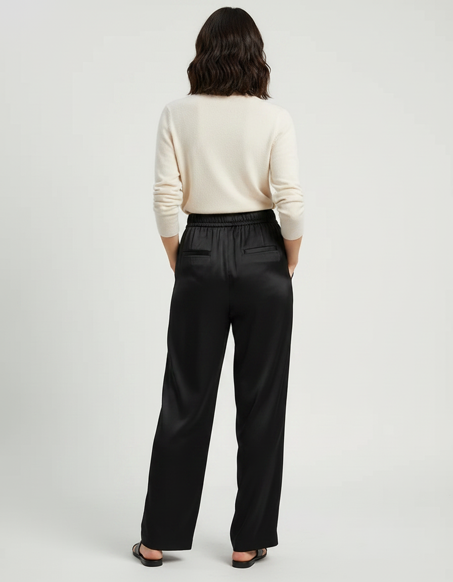 Pantalon Chinois Noir Satin Fluide Ample Femme - vue 2