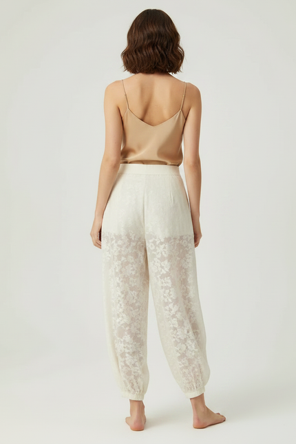 Pantalon Chinois Écru Brodé Floral Transparent Femme - Beige Lin - vue 2