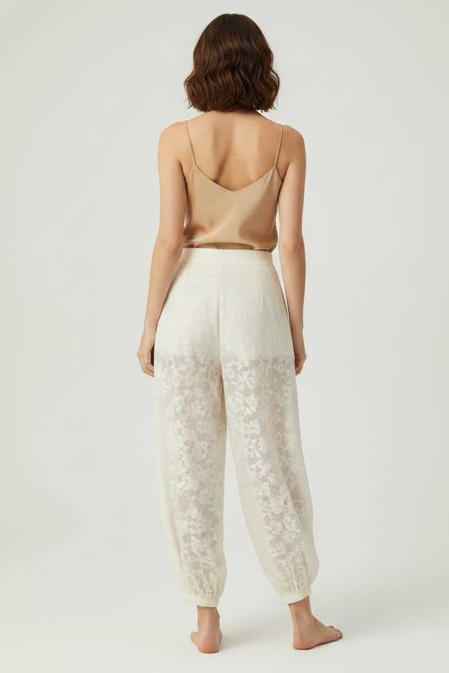 Pantalon Chinois Écru Brodé Floral Transparent Femme - Beige Lin - vue 2