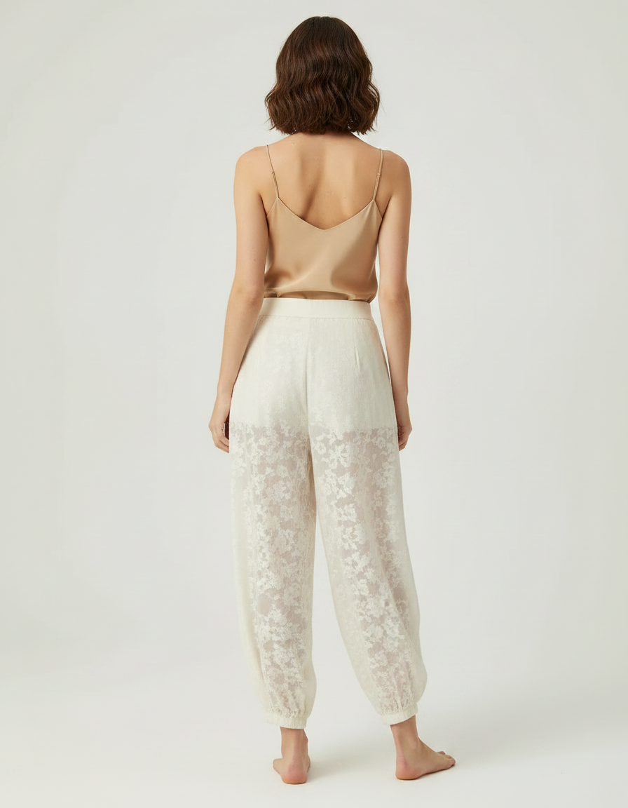 Pantalon Chinois Écru Brodé Floral Transparent Femme - Beige Lin - vue 2