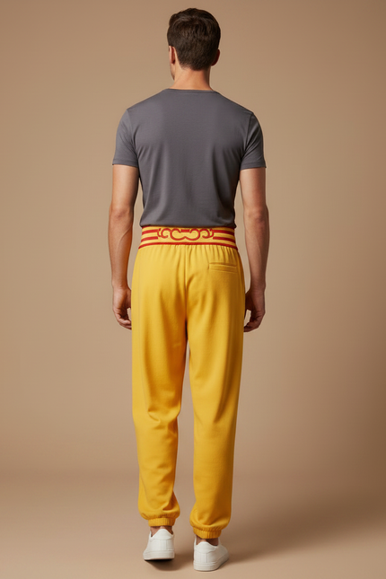 Pantalon Chinois Jaune Ample Décontracté Brodé Ceinture - Molleton - vue 2