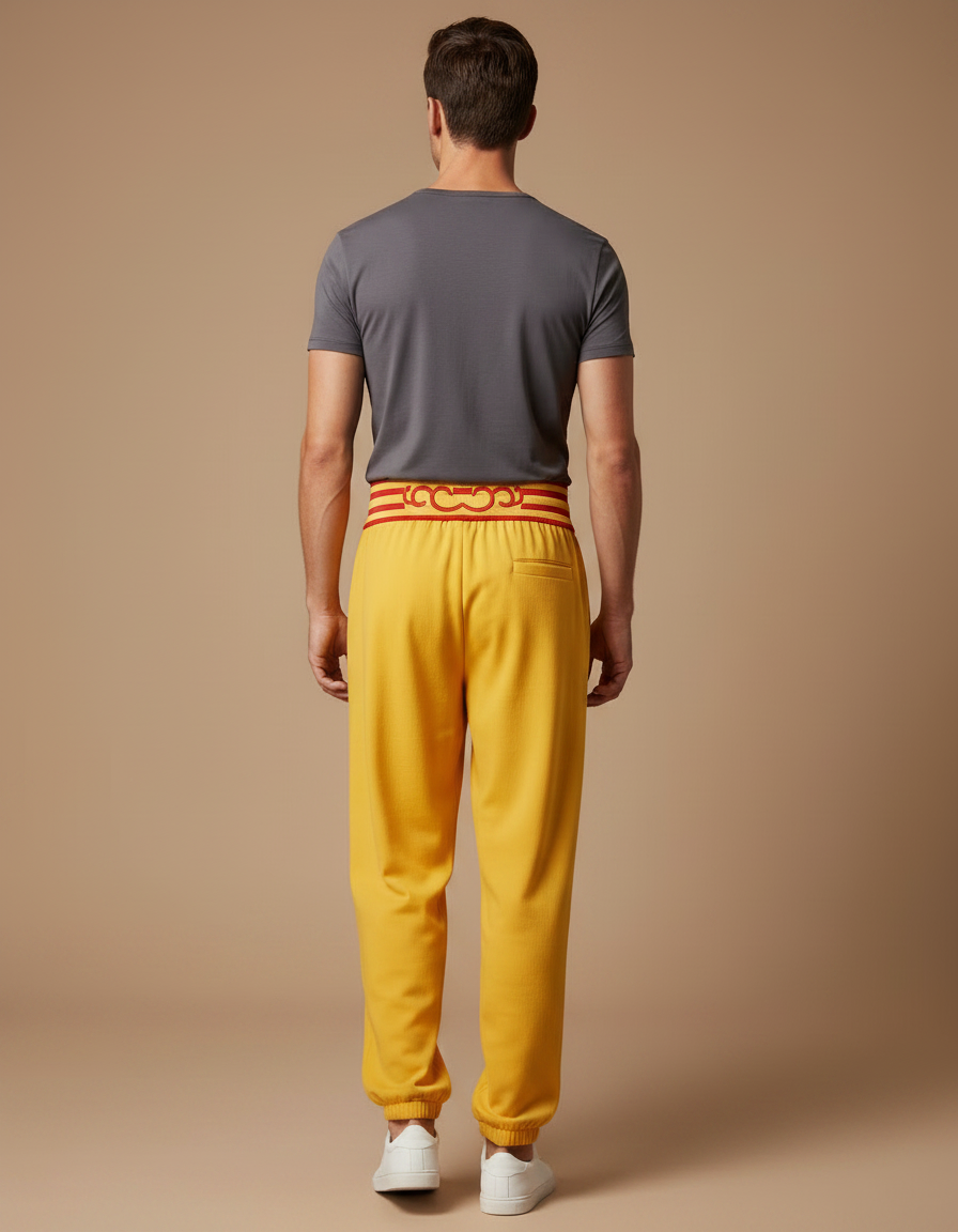 Pantalon Chinois Jaune Ample Décontracté Brodé Ceinture - Molleton - vue 2