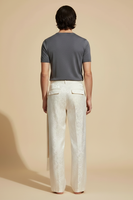 Pantalon Chinois Blanc Jacquard Brodé Ample Ethnique - Soie - vue 2