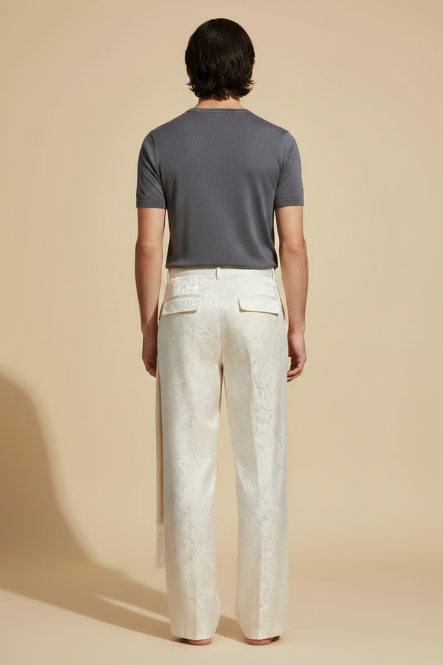 Pantalon Chinois Blanc Jacquard Brodé Ample Ethnique - Soie - vue 2
