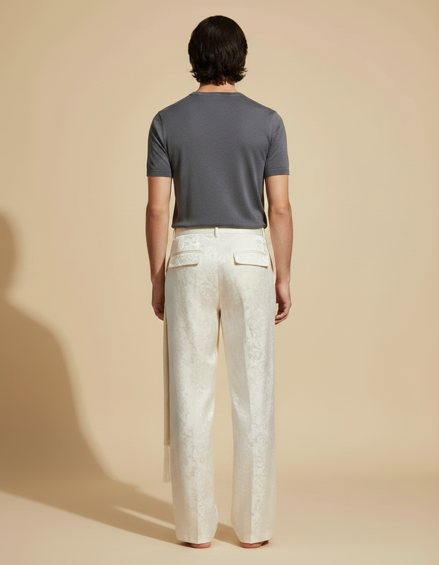 Pantalon Chinois Blanc Jacquard Brodé Ample Ethnique - Soie - vue 2