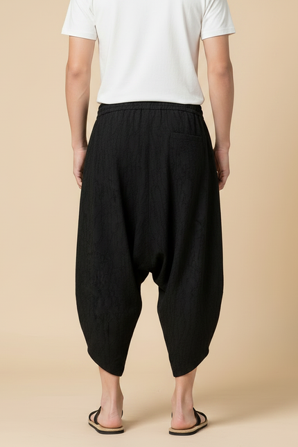 Pantalon Chinois Noir Ample Coton Lin Texturé Décontracté - vue 2