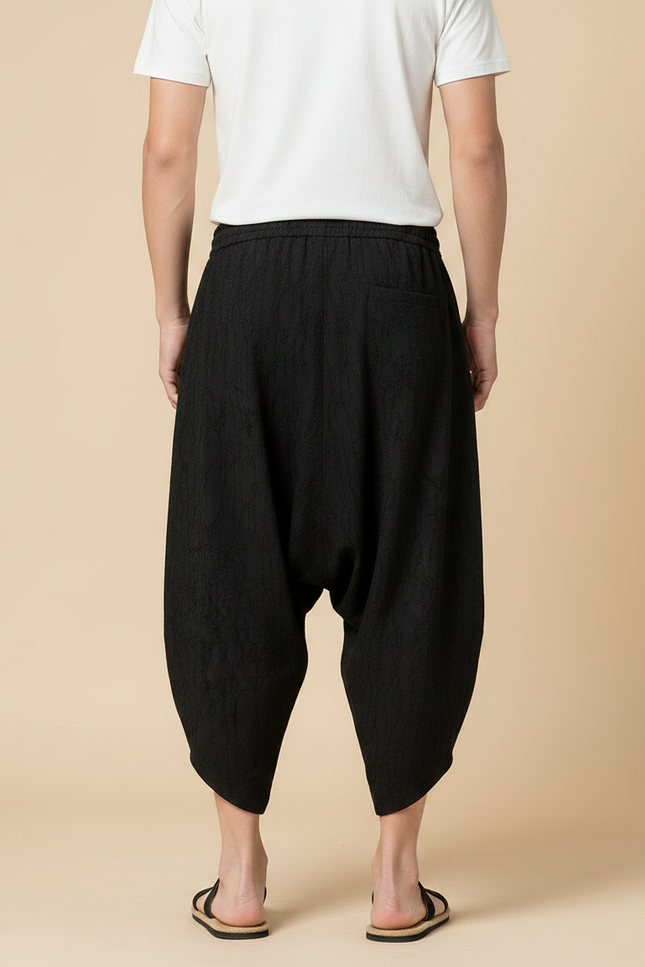 Pantalon Chinois Noir Ample Coton Lin Texturé Décontracté - vue 2