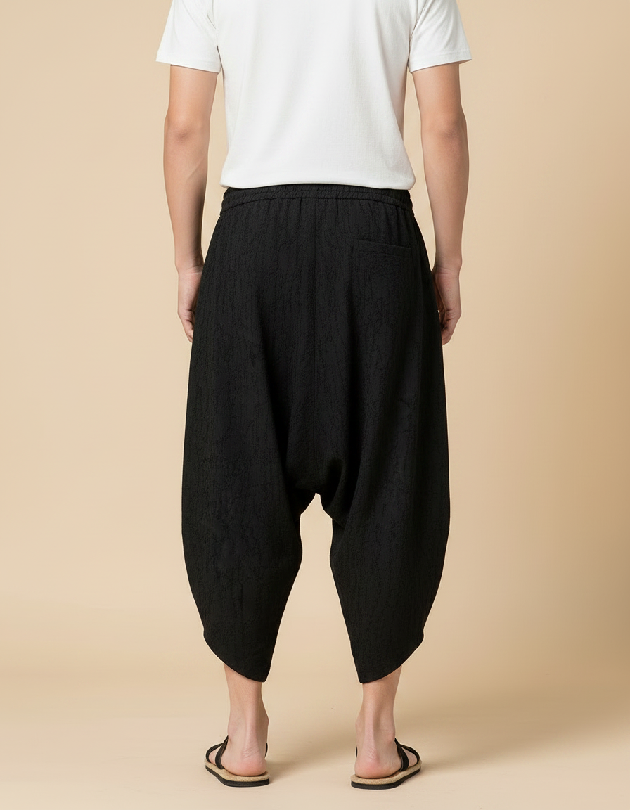 Pantalon Chinois Noir Ample Coton Lin Texturé Décontracté - vue 2