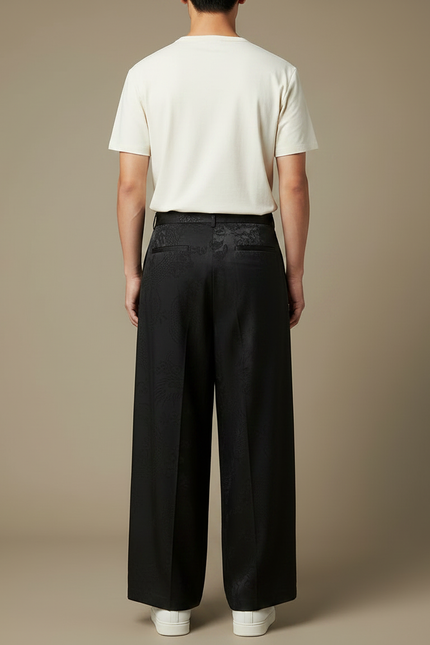 Pantalon Chinois Noir Ample Jacquard Fluide Élégant - Satin - vue 2