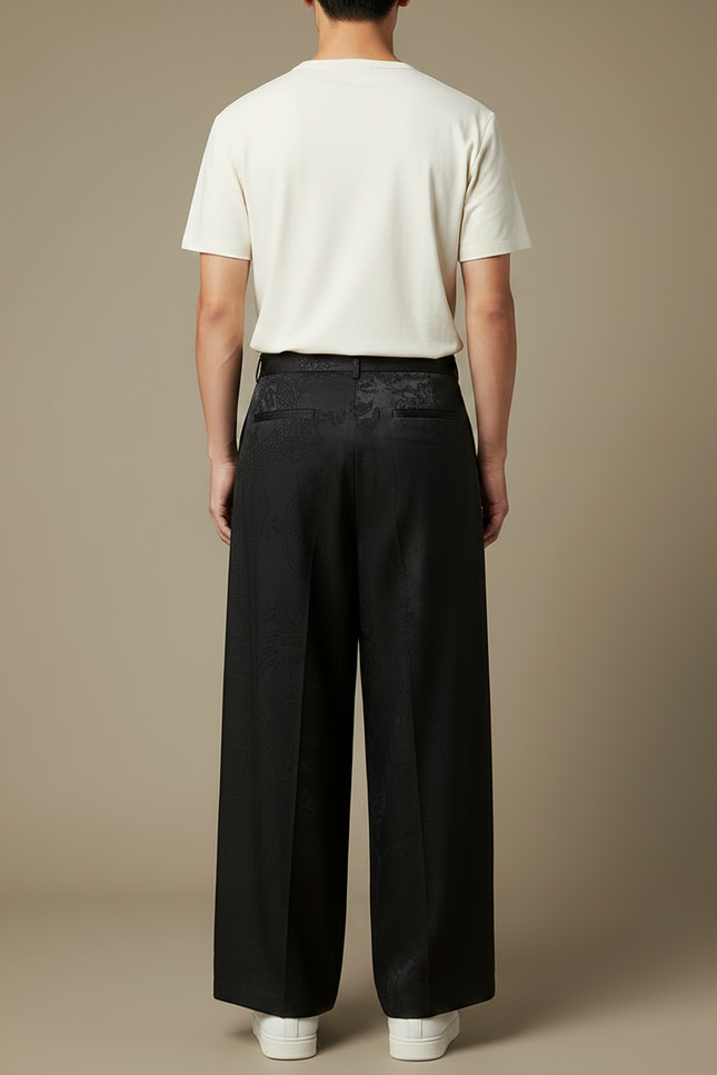 Pantalon Chinois Noir Ample Jacquard Fluide Élégant - Satin - vue 2