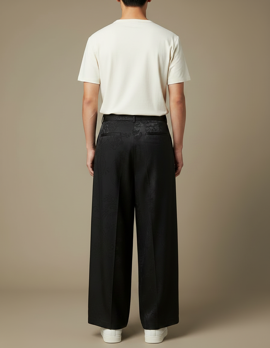 Pantalon Chinois Noir Ample Jacquard Fluide Élégant - Satin - vue 2