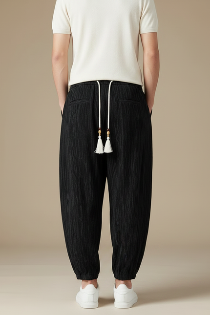 Pantalon Chinois Noir Ample Texturé Décontracté Homme - Lin - vue 2