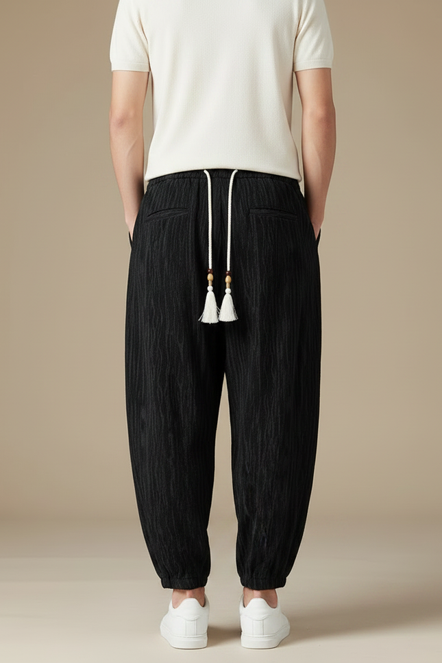 Pantalon Chinois Noir Ample Texturé Décontracté Homme - Lin - vue 2
