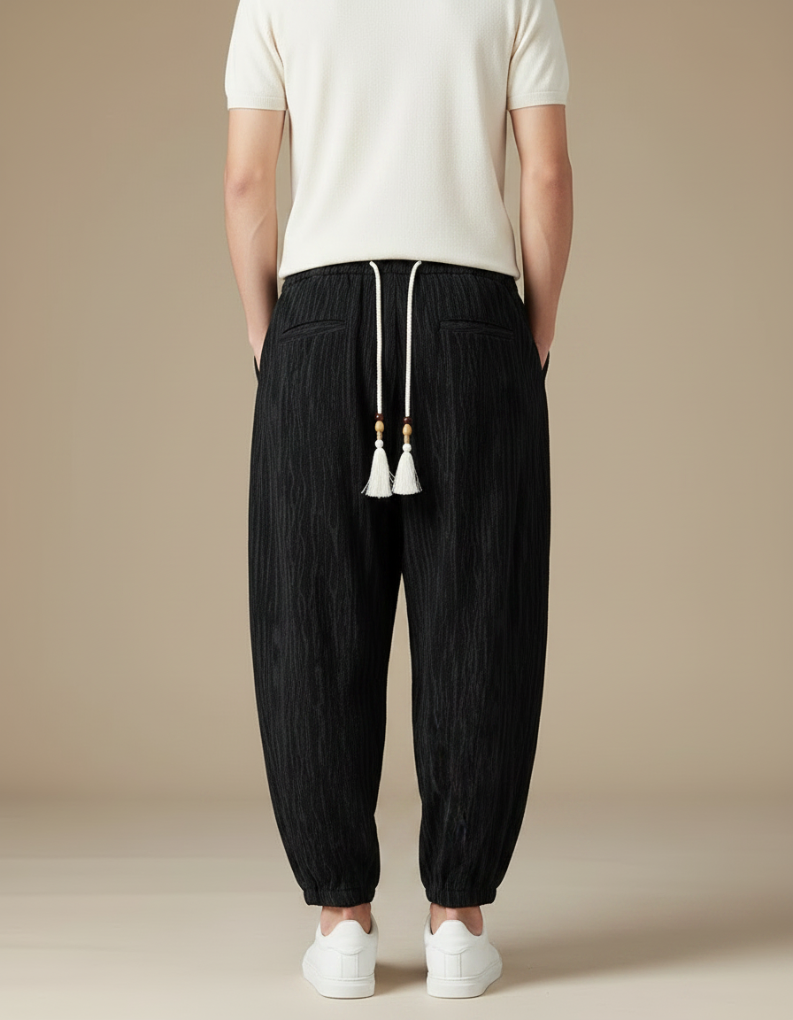 Pantalon Chinois Noir Ample Texturé Décontracté Homme - Lin - vue 2