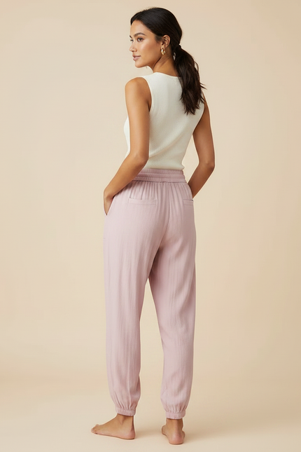 Pantalon Chinois Rose Fluide Cordon Chevilles Élastiquées Décontracté - Viscose - vue 2