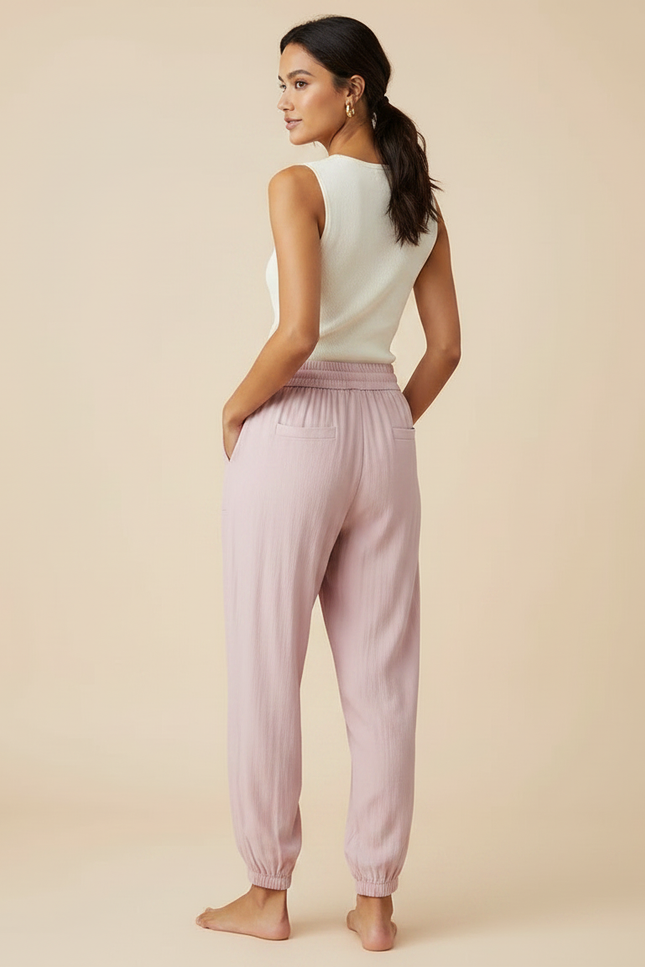 Pantalon Chinois Rose Fluide Cordon Chevilles Élastiquées Décontracté - Viscose - vue 2