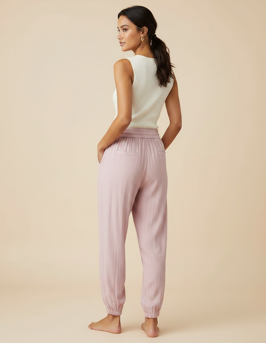 Pantalon Chinois Rose Fluide Cordon Chevilles Élastiquées Décontracté - Viscose - vue 2