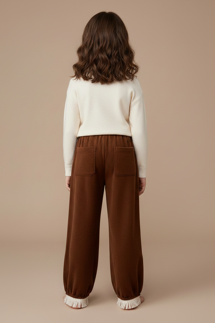 Pantalon Chinois Marron Côtelé Brodé Frangé Ample Enfant - Cordé - vue 2