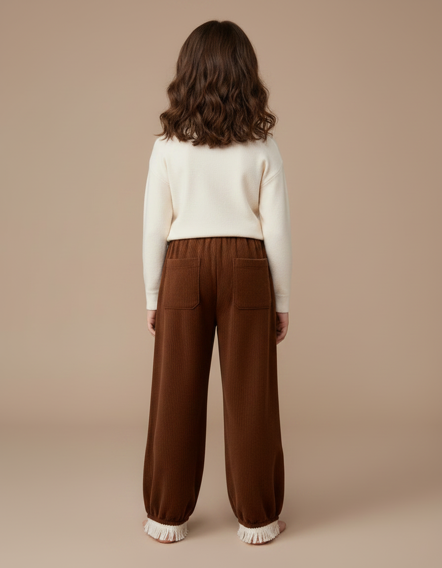 Pantalon Chinois Marron Côtelé Brodé Frangé Ample Enfant - Cordé - vue 2