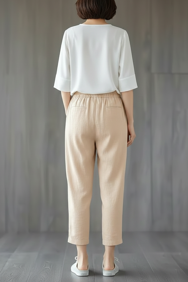 Pantalon Chinois Beige Ample Coton Lin Élégant - vue 2