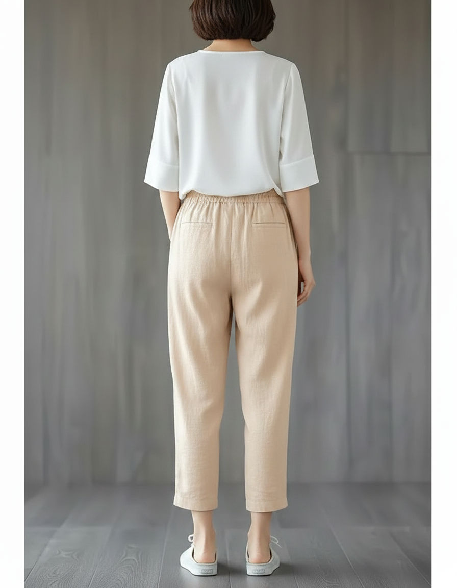 Pantalon Chinois Beige Ample Coton Lin Élégant - vue 2