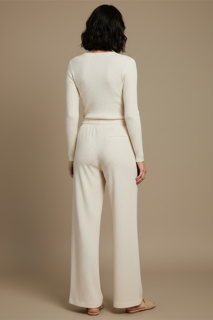 Pantalon Chinois Crème Côtelé Ample Femme Confortable - Beige Maille - vue 2
