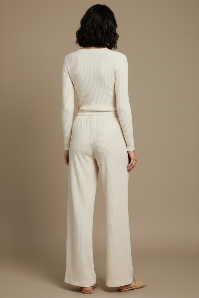 Pantalon Chinois Crème Côtelé Ample Femme Confortable - Beige Maille - vue 2