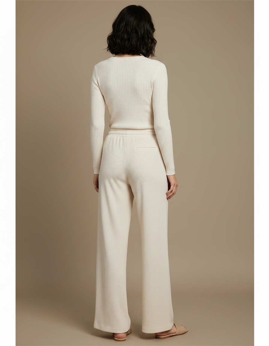 Pantalon Chinois Crème Côtelé Ample Femme Confortable - Beige Maille - vue 2