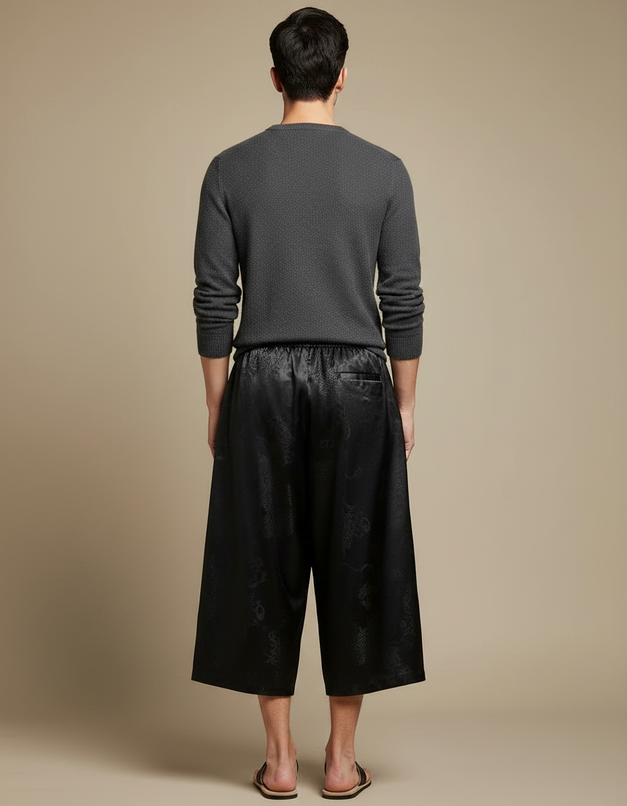 Pantalon Chinois Noir Ample Satin Dragon Homme - vue 2