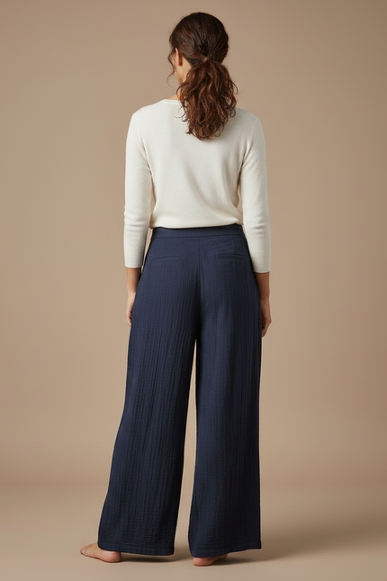 Pantalon Chinois Bleu Marine Plissé Ample Coton - vue 2