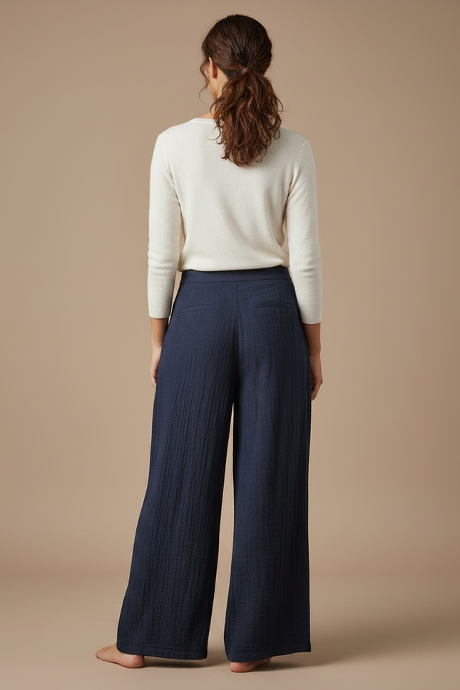 Pantalon Chinois Bleu Marine Plissé Ample Coton - vue 2